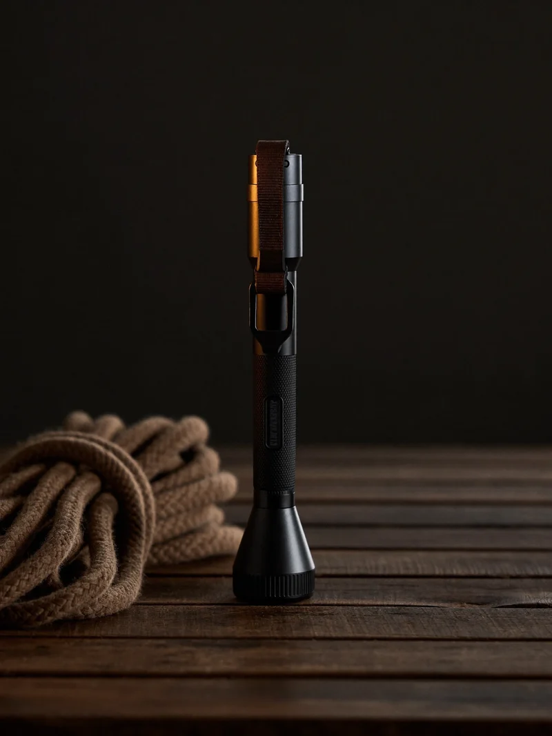 Illustration einer Stirnlampe mit elastischem Band auf einem Holztisch neben aufgerolltem Seil